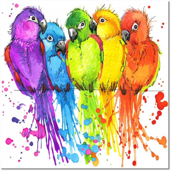 tablou canvas, alb, albastru, animale, arta, copii, desen, galben, multicolor, naturi-moarte-alte-picturi, papagali, pasari, pasari-pesti-insecte, picturi, portocaliu, rosu, verde, violet