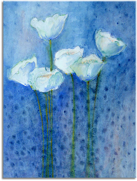 tablou canvas, acuarela, alb, albastru, arta, flori, maci, naturi-moarte-alte-picturi, picturi, verde, violet