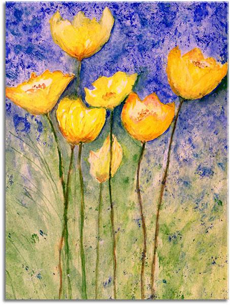 tablou canvas, acuarela, albastru, arta, flori, galben, maci, naturi-moarte-alte-picturi, picturi, portocaliu, verde, violet