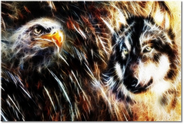 tablou canvas, abstract-fantezie, alb, animale, animale-salbatice, arta, arta-contemporana, desen, galben, lupi, maro, vulturi