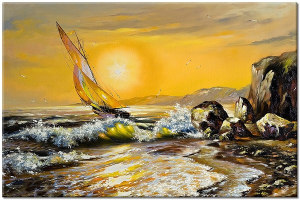 tablou canvas, alb, apus, arta, barci-corabii, bej, cer, galben, gri, mare, maro, negru, picturi, picturi-peisaje, portocaliu, rasarit, soare, stanci, valuri