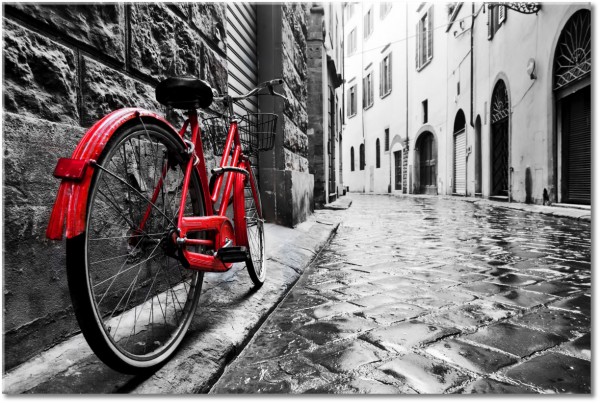 tablou canvas, alb-negru, biciclete, gri, negru, peisaje, peisaje-urbane-rurale, rosu, strada, vintage