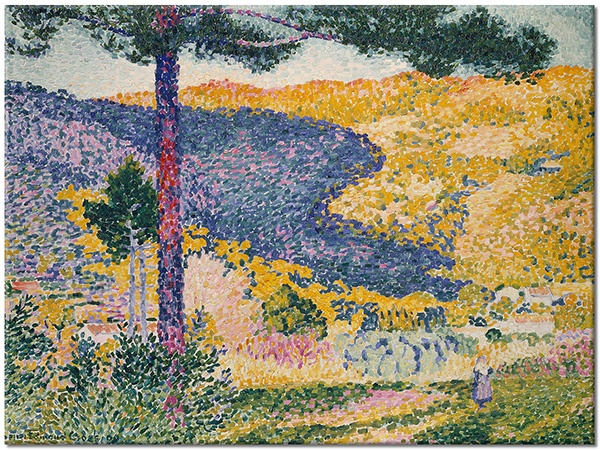 tablou canvas, albastru, arta, brazi, copaci, cross, flori, galben, pictori, picturi, picturi-peisaje, verde