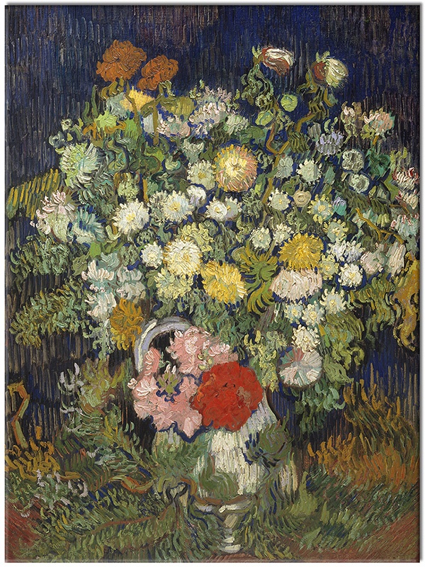 tablou canvas, alb, albastru, arta, flori, galben, maro, multicolor, natura-moarta, naturi-moarte-alte-picturi, pictori, picturi, van-gogh, vaza, verde