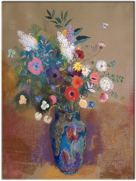 tablou canvas, alb, albastru, arta, bej, flori, maro, multicolor, natura-moarta, naturi-moarte-alte-picturi, pictori, picturi, redon, roz, vaza, verde, violet