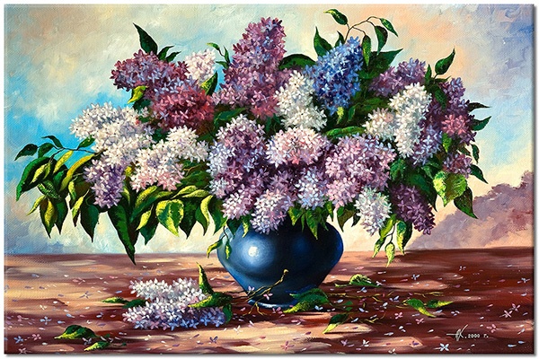 tablou canvas, alb, albastru, arta, galben, liliac, maro, multicolor, natura-moarta, naturi-moarte-alte-picturi, picturi, vaza, verde, violet