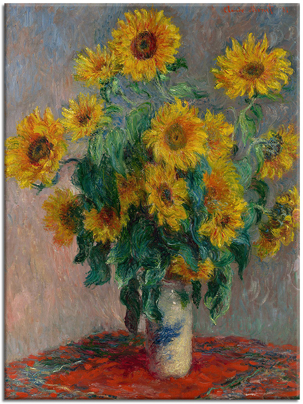 tablou canvas, arta, floarea-soarelui, galben, monet, natura-moarta, naturi-moarte-alte-picturi, pictori, picturi, rosu, verde