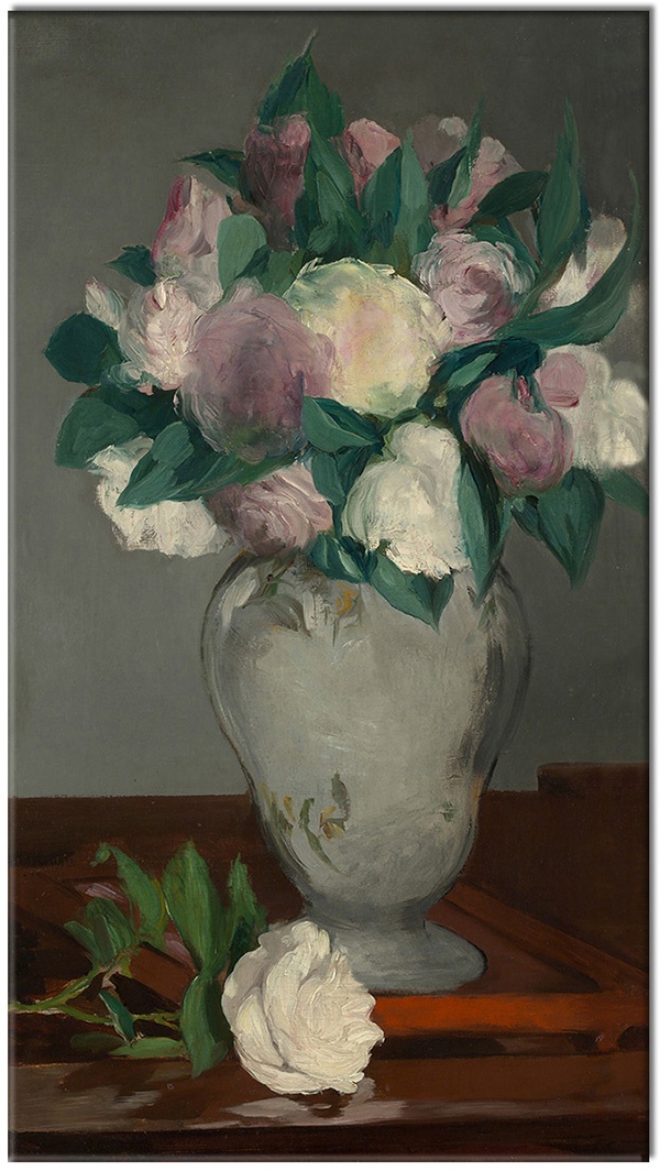 tablou canvas, alb, arta, bujori, flori, gri, manet, maro, natura-moarta, naturi-moarte-alte-picturi, pictori, picturi, vaza, verde, violet