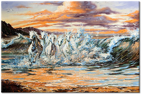 Tablou: Cai albi ieșind din valuri