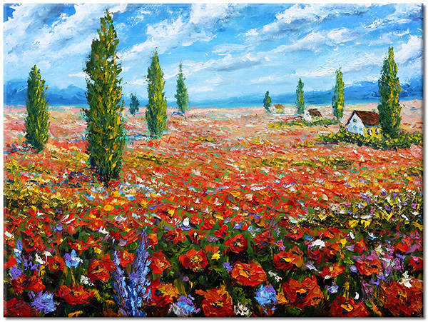 tablou canvas, albastru, arta, campuri, cer, copaci, maci, multicolor, nori, picturi, picturi-peisaje, rosu, verde
