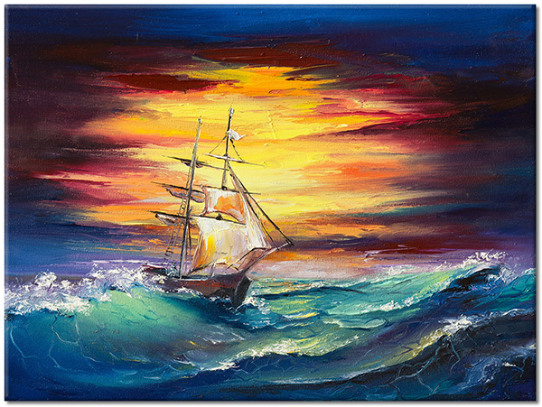 tablou canvas, arta, barci-corabii, bej, cer, cyan, furtuna, galben, mare, maro, picturi, picturi-peisaje, portocaliu, valuri, verde