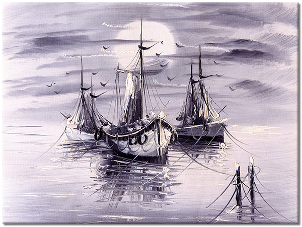 tablou canvas, alb-negru, arta, barci-corabii, cer, gri, negru, nori, picturi, picturi-peisaje, soare
