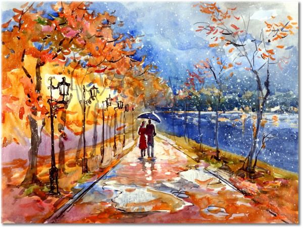 tablou canvas, alb, albastru, arta, bej, copaci, cupluri, galben, gri, maro, multicolor, negru, picturi, picturi-personaje, ploaie, portocaliu, rosu, strada, toamna, violet