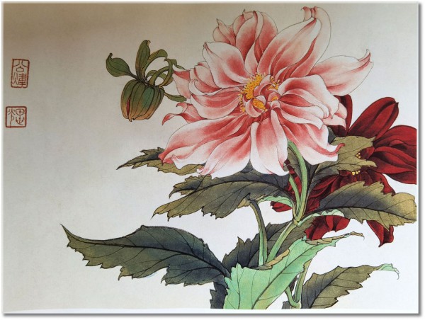 tablou canvas, acuarela, arta, china, dalie, desen, flori, naturi-moarte-alte-picturi, picturi, rosu, roz, verde