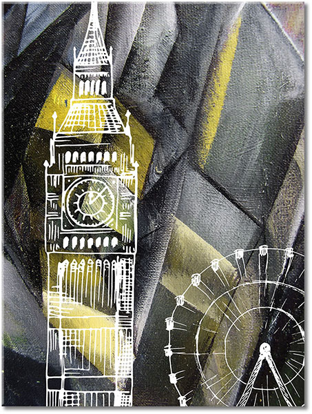 tablou canvas, abstract-fantezie, alb, arta, arta-contemporana, big-ben, cladiri, desen, galben, gri, london-eye, londra, marea-britanie, maro, negru, orase, picturi, picturi-abstracte, verde