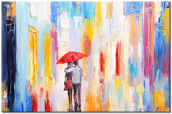 tablou canvas, albastru, arta, cupluri, galben, multicolor, picturi, picturi-abstracte, picturi-personaje, rosu, umbrele