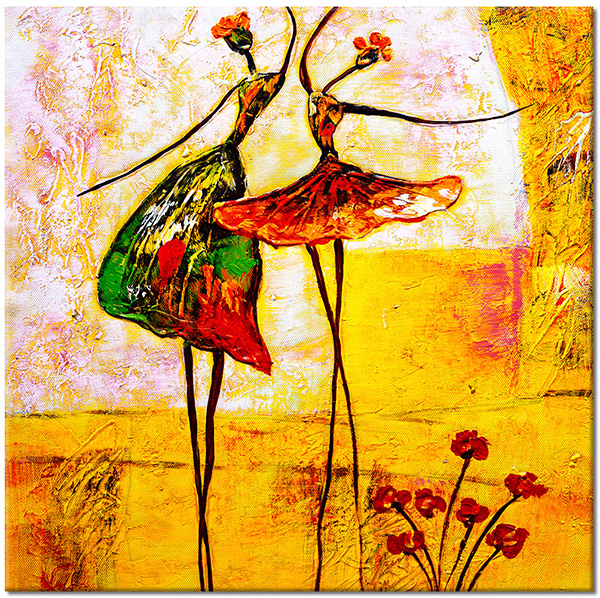 tablou canvas, arta, dans, femei, galben, picturi, picturi-abstracte, portocaliu, siluete, verde