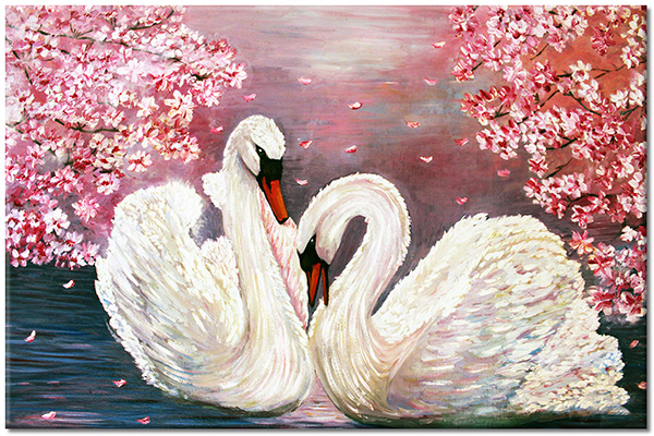 tablou canvas, alb, animale, arta, lebede, naturi-moarte-alte-picturi, pasari, pasari-pesti-insecte, picturi, roz, violet
