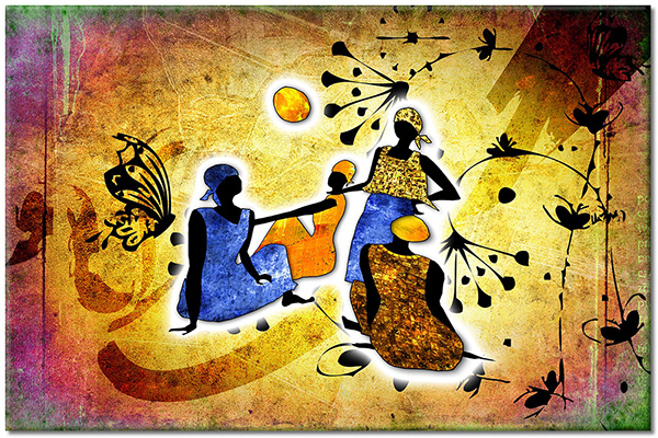 tablou canvas, africa, albastru, arta, desen, etnic, femei, galben, maro, negru, picturi, picturi-personaje, portocaliu