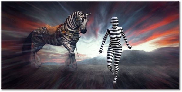Tablou: Femeie si cal camuflati in zebra