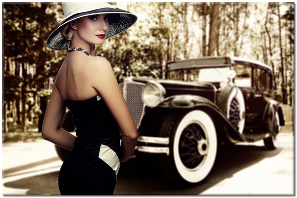 Tablou: Femeie elegantă și mașină vintage
