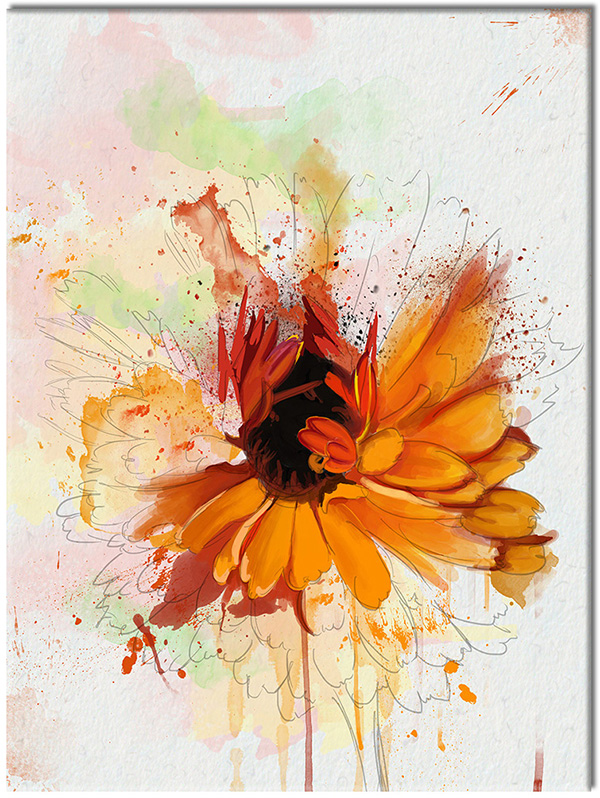 tablou canvas, abstract-fantezie, acuarela, alb, arta, arta-contemporana, desen, flori, naturi-moarte-alte-picturi, picturi, portocaliu, roz