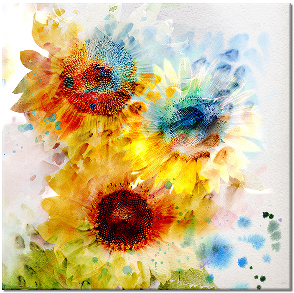 tablou canvas, abstract-fantezie, acuarela, albastru, arta, arta-contemporana, floarea-soarelui, flori, galben, naturi-moarte-alte-picturi, picturi, portocaliu, verde