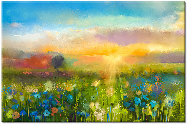 tablou canvas, albastru, apus, arta, campuri, cer, cyan, flori, galben, nori, picturi, picturi-peisaje, portocaliu, soare, verde