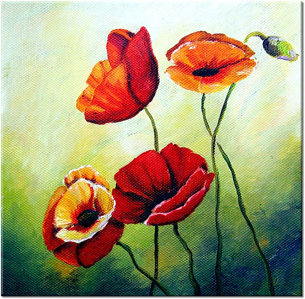 tablou canvas, arta, flori, maci, naturi-moarte-alte-picturi, picturi, portocaliu, rosu, verde