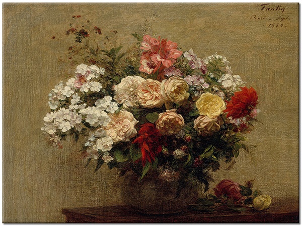 tablou canvas, alb, arta, bej, fantin-latour, flori, galben, maro, natura-moarta, naturi-moarte-alte-picturi, pictori, picturi, rosu, trandafiri