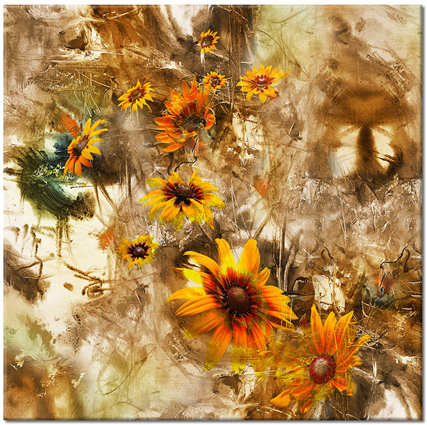 tablou canvas, abstract-fantezie, arta, arta-contemporana, bej, flori, grunge, maro, portocaliu