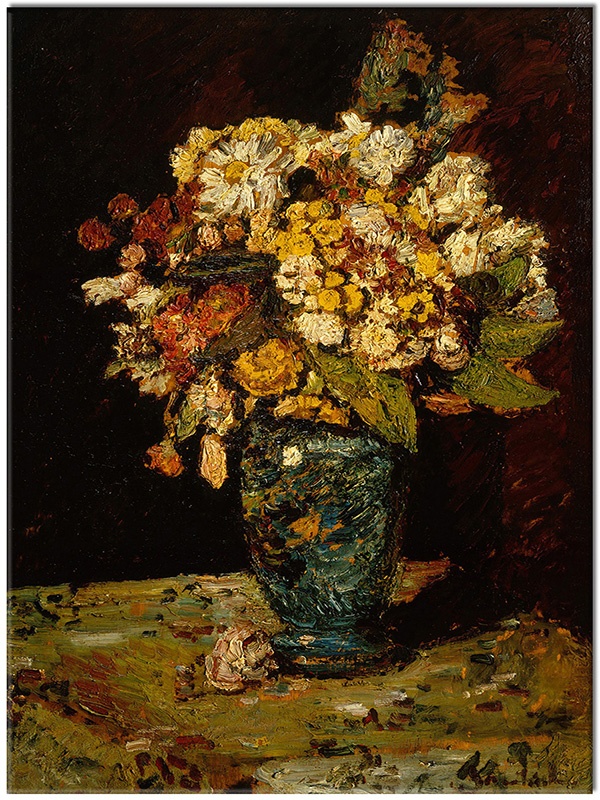 tablou canvas, albastru, arta, flori, galben, monticelli, natura-moarta, naturi-moarte-alte-picturi, negru, pictori, picturi, portocaliu, rosu, vaza, verde