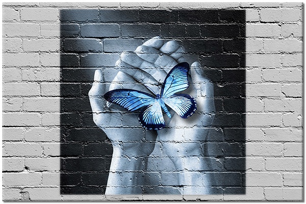Tablou: Graffiti cu mâini ținând un fluture