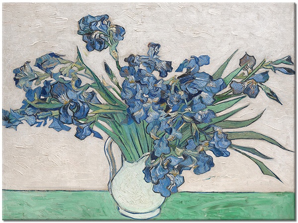 tablou canvas, alb, albastru, arta, flori, irisi, natura-moarta, naturi-moarte-alte-picturi, pictori, picturi, van-gogh, vaza, verde