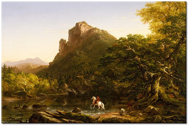tablou canvas, albastru, arta, bej, cole, copaci, maro, munti, peisaje, picturi, picturi-peisaje, rauri, verde