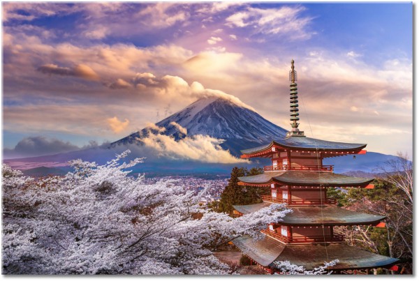 tablou canvas, alb, albastru, bej, cer, gri, japonia, maro, munti, nori, peisaje, portocaliu, temple, turism, violet