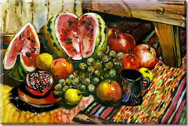 tablou canvas, alb, arta, bej, bucatarie, fructe, galben, maro, mere, multicolor, natura-moarta, naturi-moarte-alte-picturi, negru, picturi, portocaliu, rosu, struguri, verde