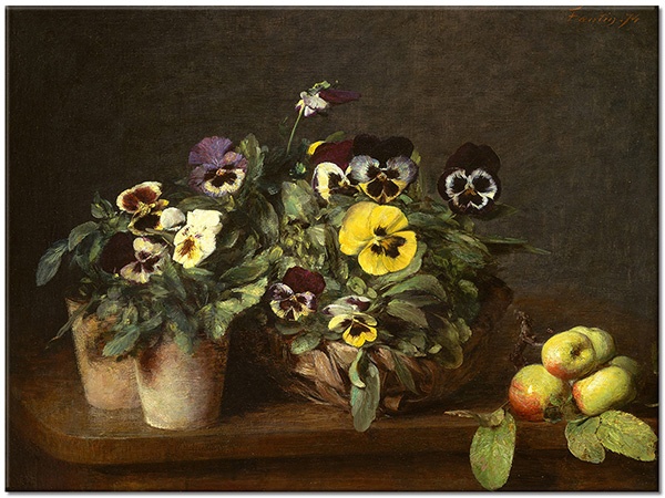 tablou canvas, arta, fantin-latour, flori, fructe, galben, maro, natura-moarta, naturi-moarte-alte-picturi, panselute, pictori, picturi, verde, violet