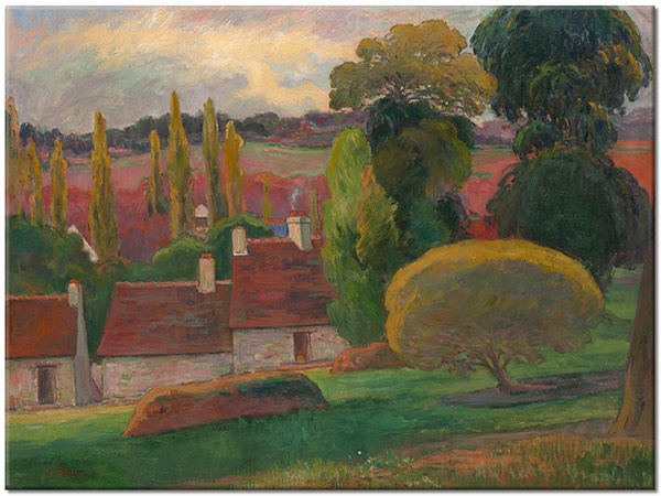 tablou canvas, alte-peisaje, arta, cladiri, copaci, dealuri, galben, gauguin, peisaje, peisaje-urbane-rurale, picturi, picturi-peisaje, rosu, verde