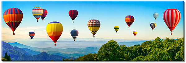 tablou canvas, albastru, alte-peisaje, baloane, cer, galben, multicolor, munti, peisaje, rosu, turism, verde