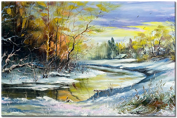 tablou canvas, alb, albastru, arta, copaci, galben, iarna, maro, negru, picturi, picturi-peisaje, portocaliu, rauri, zapada