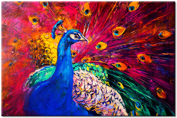 tablou canvas, animale, arta, galben, multicolor, naturi-moarte-alte-picturi, pasari, pasari-pesti-insecte, pauni, picturi, portocaliu, rosu, roz, verde, violet