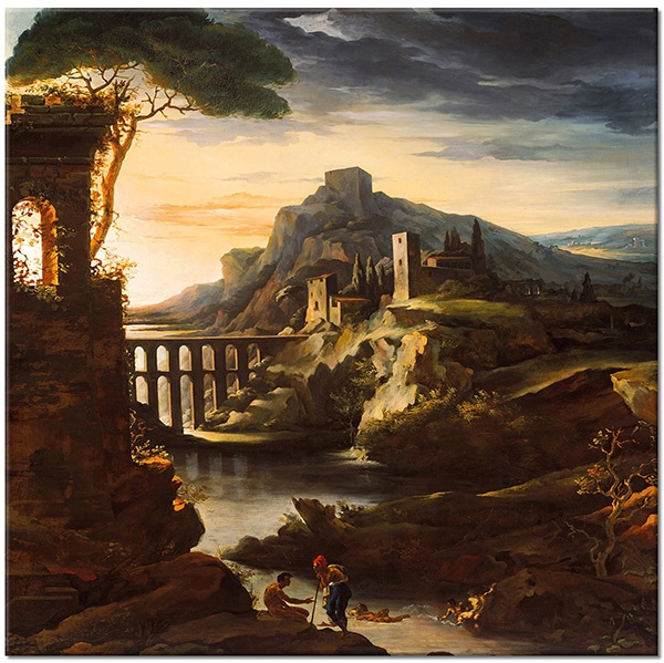 tablou canvas, alte-peisaje, apus, arta, bej, cer, copaci, gericault, gri, maro, munti, nori, peisaje, picturi, picturi-peisaje, poduri, portocaliu, rauri, stanci, verde