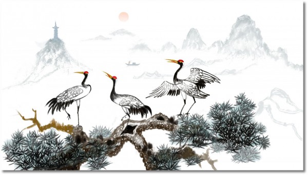 tablou canvas, alb, alb-negru, animale, arta, china, cocori, desen, gri, negru, pasari, pasari-pesti-insecte, picturi, picturi-peisaje