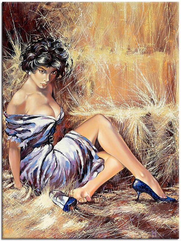 tablou canvas, alb, arta, bej, diverse, fan, femei, maro, negru, picturi, picturi-personaje, rochii, sexy, violet