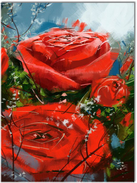 tablou canvas, albastru, arta, flori, gri, naturi-moarte-alte-picturi, negru, picturi, rosu, trandafiri, verde