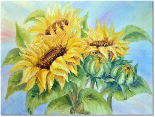 tablou canvas, acuarela, albastru, arta, floarea-soarelui, flori, galben, maro, naturi-moarte-alte-picturi, picturi, portocaliu, verde