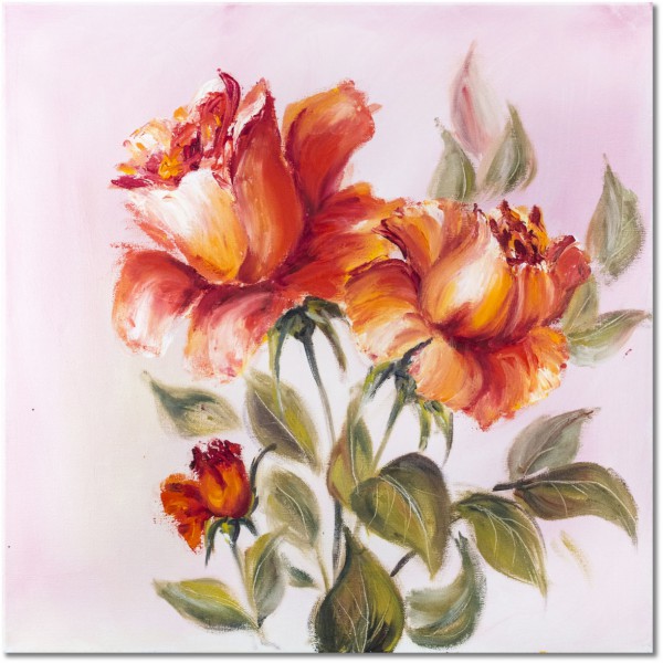tablou canvas, acuarela, arta, flori, maro, naturi-moarte-alte-picturi, picturi, portocaliu, rosu, roz, trandafiri, verde