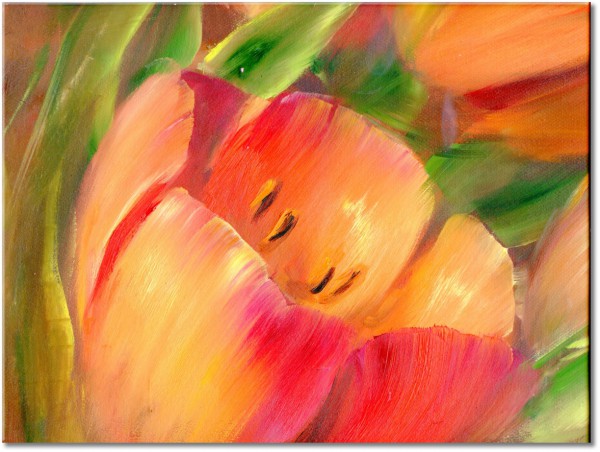 tablou canvas, arta, flori, galben, lalele, naturi-moarte-alte-picturi, picturi, portocaliu, rosu, roz, verde