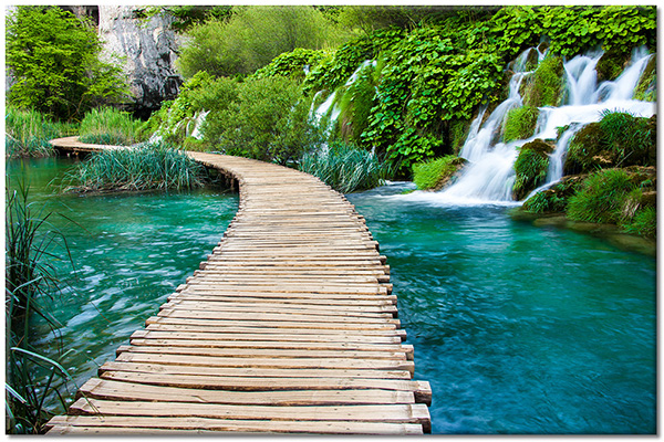tablou canvas, albastru, bej, cascade, cyan, lacuri, mare-cascade-lacuri, peisaje, poduri, verde